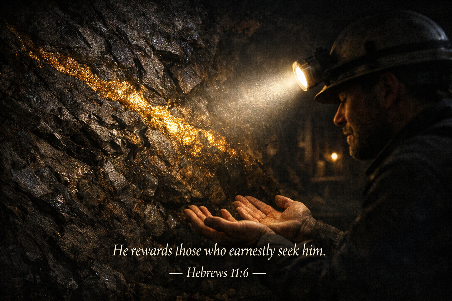 Miner headlamp illuminating a gold vein in dark rock shaft with Hebrews 11:6 verse about God rewarding those who seek him